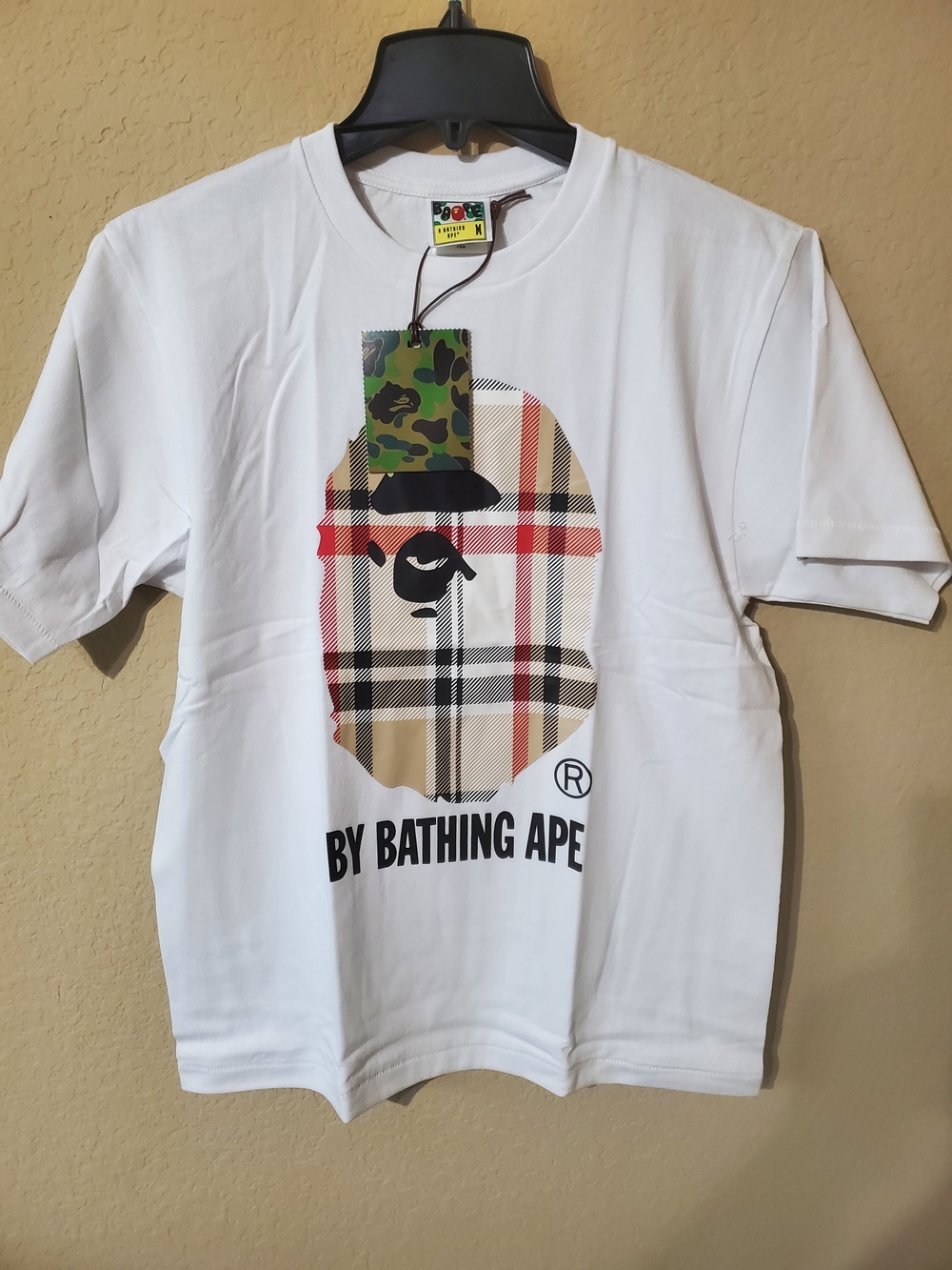 A Bathing Ape White Logo Plaid Short Sleeve Tee